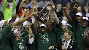 Cassius Winston, center, and MSU celebrate beating Duke in the NCAA Regional Final Sunday, March 31,