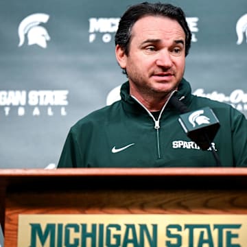 Michigan State coach Jonathan Smith talks the media on the first national signing day for college football recruits Wednesday, Dec. 4, 2024, at Spartan Stadium in East Lansing.