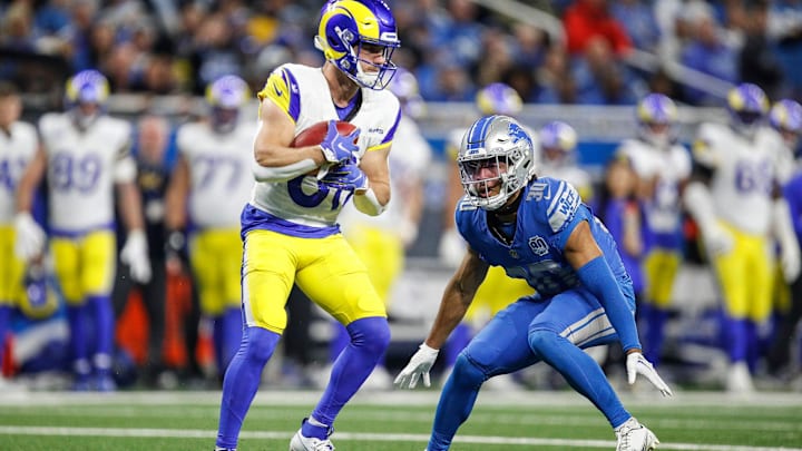 Detroit Lions cornerback Khalil Dorsey looks to tackle Rams punt returner Austin Trammell during the second half of the NFL wild-card playoff game at Ford Field in Detroit on Sunday, Jan. 14, 2024.