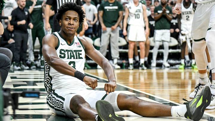 Michigan State's Cam Ward celebrates after scoring and drawing an Indiana foul during the second half on Tuesday, Jan. 13, 2026, at the Breslin Center in East Lansing.