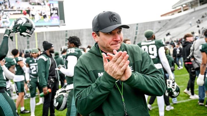 Michigan State's head coach Jonathan Smith leaves the file after the Spring Showcase on Saturday, April 20, 2024, at Spartan Stadium in East Lansing.