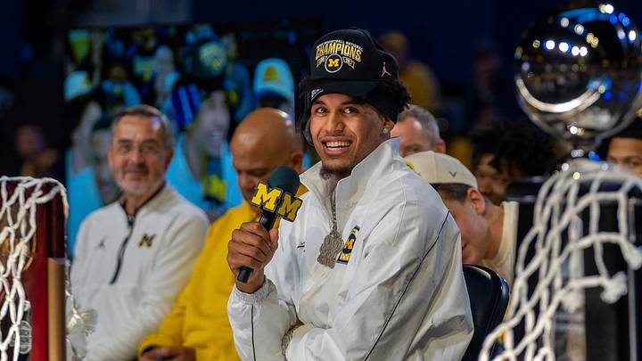 Michigan Wolverines player Yaxel Lendeborg speaks during a celebration honoring the team’s NCAA men’s basketball national championship at Crisler Center in Ann Arbor on Saturday, April 11, 2026.
