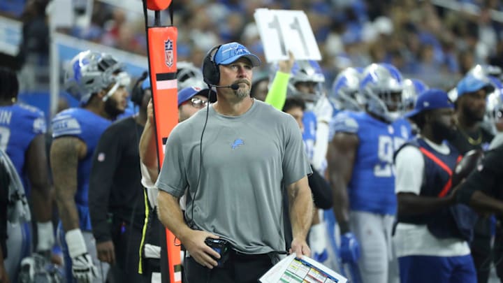 Detroit Lions head coach Dan Campbell on the sidelines during action against the Jacksonville Jaguars Saturday, August 19, 2023.