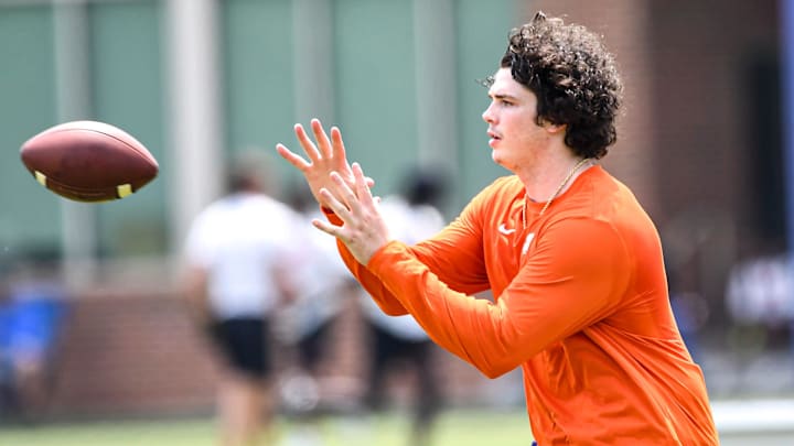 Ian Schieffelin, former Clemson basketball player who joined the Clemson Tigers football team as a tight end participates in drills at the 2025 Dabo Swinney Football Camp in Clemson, S.C. Tuesday, June 3, 2025.