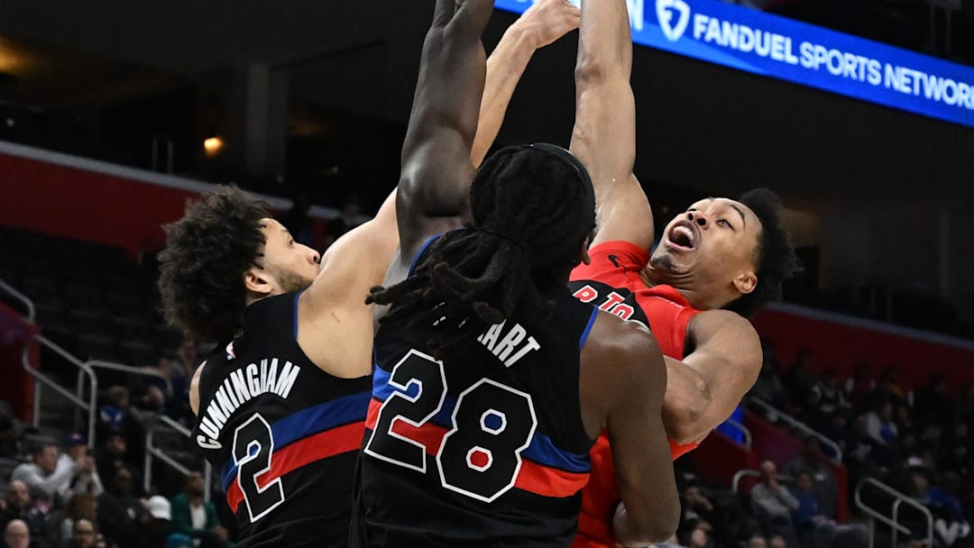 Jan 11, 2025; Detroit, Michigan, USA; Toronto Raptors forward Scottie Barnes (4) shoots the ball over Detroit Pistons guard Cade Cunningham (2) and center Isaiah Stewart (28) in the fourth quarter at Little Caesars Arena. Mandatory Credit: Lon Horwedel-Imagn Images Jan 11, 2025; Detroit, Michigan, USA; Toronto Raptors forward Scottie Barnes (4) shoots the ball over Detroit Pistons guard Cade Cunningham (2) and center Isaiah Stewart (28) in the fourth quarter at Little Caesars Arena. Mandatory Credit: Lon Horwedel-Imagn Images