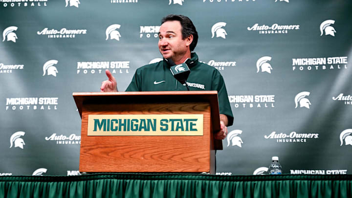 Michigan State coach Jonathan Smith talks the media on the first national signing day for college football recruits Wednesday, Dec. 4, 2024, at Spartan Stadium in East Lansing.