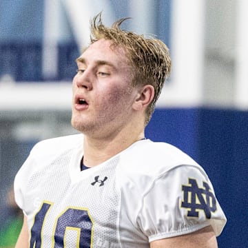 Notre Dame defensive lineman Joshua Burnham (40) during Notre Dame Spring Practice on Wednesday, March 22, 2023, at Irish Athletics Center in South Bend, Indiana