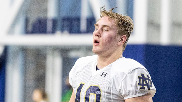 Notre Dame defensive lineman Joshua Burnham (40) during Notre Dame Spring Practice on Wednesday, March 22, 2023, at Irish Athletics Center in South Bend, Indiana