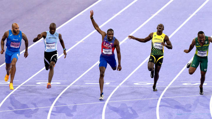 The finish of the men's 100m at the Paris Games. Noah Lyles (USA) came home with gold