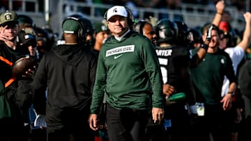 Michigan State's head coach Jonathan Smith looks on form the sideline during the first quarter in the game against Indiana on Saturday, Nov. 2, 2024, at Spartan Stadium in East Lansing.