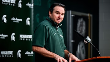 Michigan State coach Jonathan Smith talks the media on the first national signing day for college football recruits Wednesday, Dec. 4, 2024, at Spartan Stadium in East Lansing.