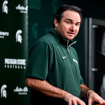 Michigan State coach Jonathan Smith talks the media on the first national signing day for college football recruits Wednesday, Dec. 4, 2024, at Spartan Stadium in East Lansing.
