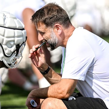 Michigan State's defensive coordinator Joe Rossi looks on during the first day of football camp on Tuesday, July 30, 2024, in East Lansing.