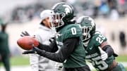 Michigan State's Charles Brantley catches a pass during a drill in the Spring Showcase on Saturday,