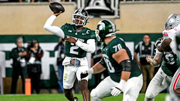Michigan State's Aidan Chiles throws a pass against Ohio State during the second quarter on Saturday, Sept. 28, 2024, at Spartan Stadium in East Lansing.