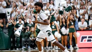 Michigan State's Jase Richardson celebrates his 3-pointer against Ferris State during the first half on Tuesday, Oct. 29, 2024, in East Lansing.