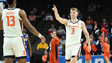 Mar 21, 2024; Omaha, NE, USA; Illinois Fighting Illini forward Marcus Domask (3) reacts after his