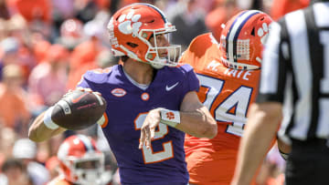 Apr 6, 2024; Clemson, South Carolina, USA; Clemson Tigers quarterback Cade Klubnik (2) drops back to pass during the first quarter of the Clemson spring football game at Memorial Stadium. Mandatory Credit: Ken Ruinard-USA TODAY Sports