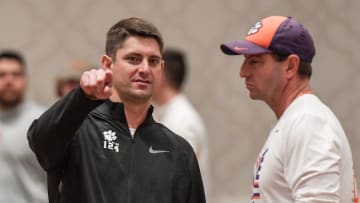 Clemson wide receiver coach Jeff Scott, left, and Clemson Head Coach Dabo Swinney talk before practice at their team hotel ballroom in New Orleans, Louisiana Friday, January 11, 2020.

Clemson Football Cfp Practice New Orleans