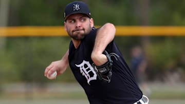 Former Detroit Tigers pitcher Michael Fulmer throws live batting practice during spring training on Wednesday, March 16, 2022, at TigerTown in Lakeland, Florida.
