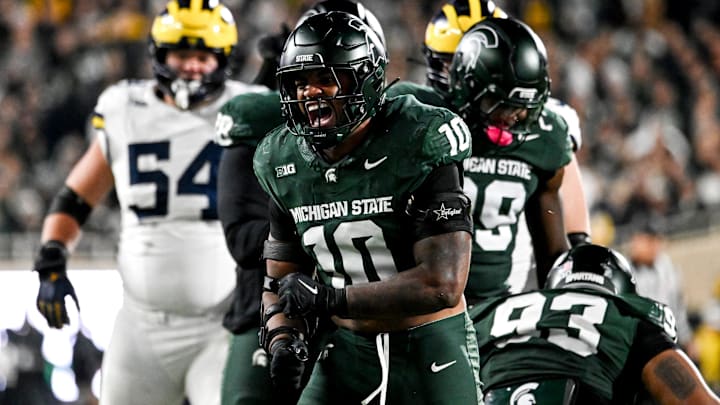 Michigan State's Wayne Matthews III celebrates after a stop against Michigan during the second quarter on Saturday, Oct. 25, 2025, at Spartan Stadium in East Lansing.