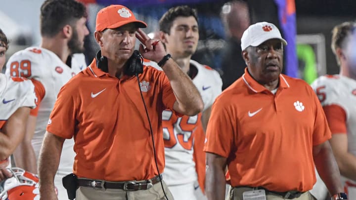 Sep 4, 2023; Durham, North Carolina, USA; Clemson head coach Dabo Swinney stands near Willie McCorvey during the second quarter of the season opening game at Wallace Wade Stadium in Durham, N.C. Monday, Sept 4, 2023.