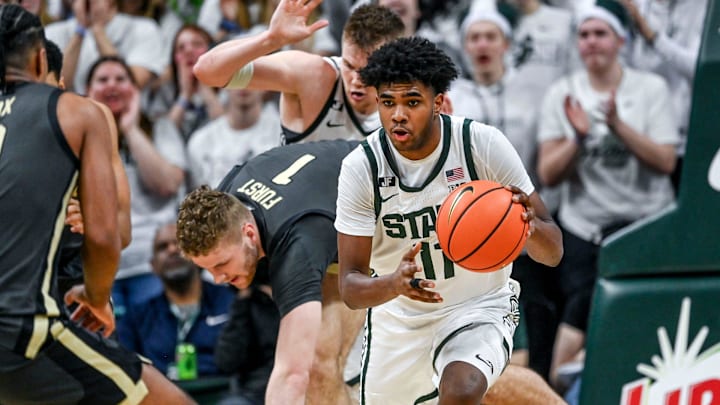 Michigan State's Jase Richardson steals the ball from Purdue during the second half on Tuesday, Feb. 18, 2025, at the Breslin Center in East Lansing. Michigan State's Jase Richardson steals the ball from Purdue during the second half on Tuesday, Feb. 18, 2025, at the Breslin Center in East Lansing.