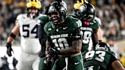 Michigan State's Wayne Matthews III celebrates after a stop against Michigan during the second quarter on Saturday, Oct. 25, 2025, at Spartan Stadium in East Lansing.