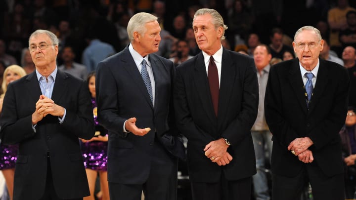 April 6, 2012; Los Angeles, CA, USA;  From left Gail Goodrich , Jerry West , Pat Riley and Bill Sharman are honored at halftime of a game against the Houston Rockets in honor of the 40th anniversary of the 1972 NBA championship team at Staples Center. Mandatory Credit: Jayne Kamin-Oncea-USA TODAY Sports