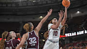 Mar 8, 2024; Greenville, SC, USA; South Carolina Gamecocks center Kamilla Cardoso (10) shoots the ball against Texas A&M Aggies forward Lauren Ware (32) during the third quarter at Bon Secours Wellness Arena. Mandatory Credit: Ken Ruinard/The Greenville News via USA TODAY NETWORK