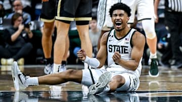 Michigan State's Jaden Akins celebrates after drawing Purdue foul during the second half on Tuesday, Feb. 18, 2025, at the Breslin Center in East Lansing.