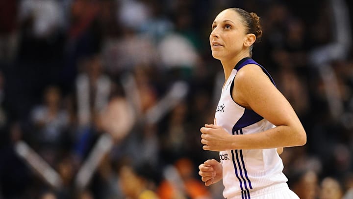 Sep 21, 2013; Phoenix, AZ, USA; Phoenix Mercury guard Diana Taurasi (3) runs on the court against the Los Angeles Sparks at US Airways Center. The Sparks defeated the Mercury 82-73. Mandatory Credit: Jennifer Stewart-Imagn Images