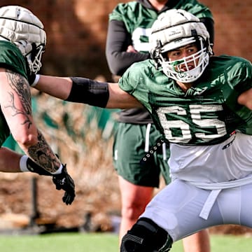 Michigan State offensive lineman Stanton Ramil, right, and Gavin Broscious work out during football practice on Tuesday, April 8, 2025, in East Lansing.
