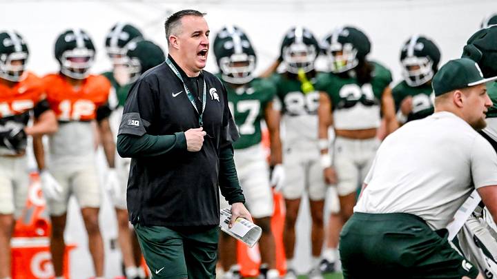 Michigan State's head coach Pat Fitzgerald calls out to players during spring football practice on Tuesday, March 24, 2026, in East Lansing.