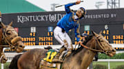 Jockey Junior Alvarado celebrated after riding Sovereignty to victory in the 151st Kentucky Derby at Churchill Downs in Louisville, Kentucky. May 3, 2025