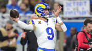 Rams quarterback Matthew Stafford during warmups before the NFC wild-card game at Ford Field on Sunday, Jan, 14, 2024.