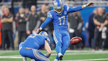 Jan 21, 2024; Detroit, Michigan, USA; Detroit Lions place kicker Michael Badgley (17) attempts a field goal against Tampa Bay Buccaneers during the first half in a 2024 NFC divisional round game at Ford Field. Mandatory Credit: Junfu Han-Imagn Images