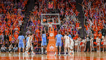 Jan 6, 2024; Clemson, South Carolina, USA; University of North Carolina forward Harrison Ingram (55) misses a free throw as Clemson fans wave orange white and purple balloons in the crowd during the second half at Littlejohn Coliseum. Mandatory Credit: Ken Ruinard-Imagn Images
