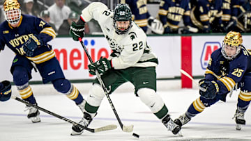 Michigan State's Isaac Howard moves the puck against Notre Dame during the second period in the Big Ten tournament on Saturday, March 15, 2025, at Muni Arena in East Lansing.