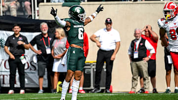 Michigan State's Ade Willie celebrates after breaking up a Youngstown State pass during the first quarter on Saturday, Sept. 13, 2025, at Spartan Stadium in East Lansing.