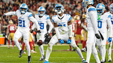 Detroit Lions safety Kerby Joseph (31) celebrates an interception against San Francisco 49ers during the second half at Levi's Stadium in Santa Clara, Calif. on Monday, Dec. 30, 2024.
