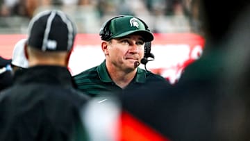 Michigan State's head coach Jonathan Smith looks on during the second quarter in the game against Florida Atlantic on Friday, Aug. 30, 2024, at Spartan Stadium in East Lansing.