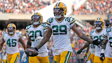 Green Bay Packers cornerback Rasul Douglas (29) celebrates a fumble recovery during second half of their game against the Chicago Bears on Sunday, Sept. 10, 2023 at Soldier Field in Chicago.