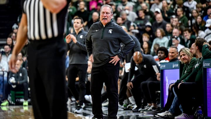 Michigan State's head coach Tom Izzo yells at a referee during the first half against Cornell on Monday, Dec. 29, 2025, at the Breslin Center in East Lansing.