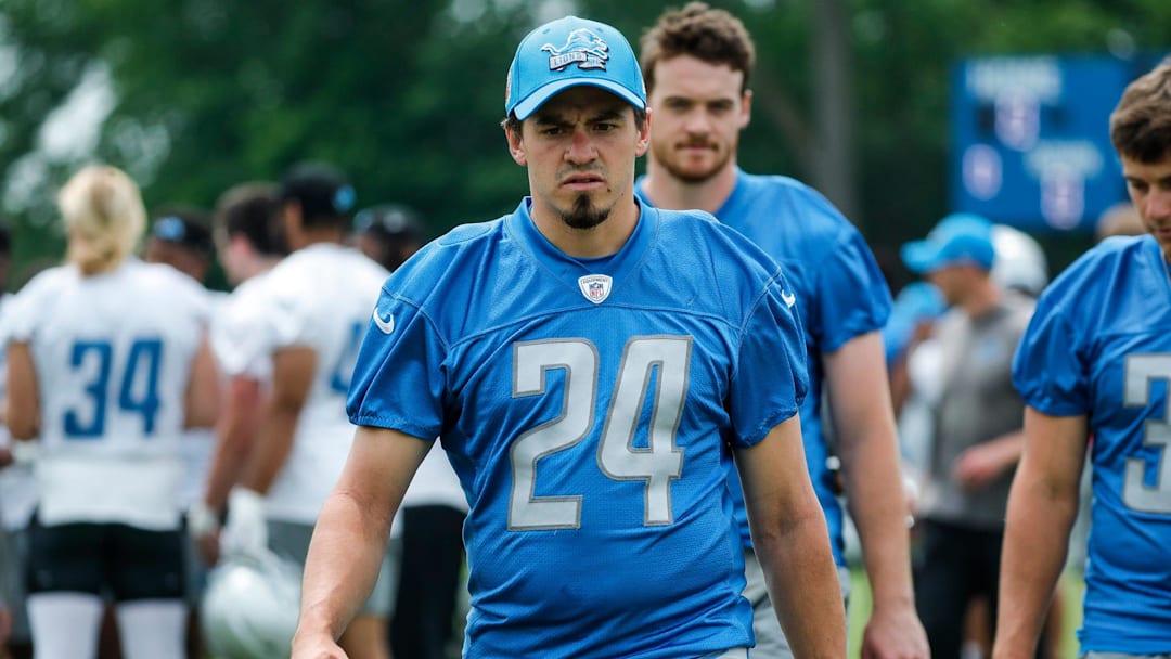 Detroit Lions place kicker John Parker Romo (24) walks off the field after practice during minicamp at Detroit Lions Headquarters and Training Facility in Allen Park on Tuesday, June 6, 2023.
