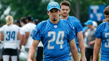Detroit Lions place kicker John Parker Romo (24) walks off the field after practice during minicamp at Detroit Lions Headquarters and Training Facility in Allen Park on Tuesday, June 6, 2023.