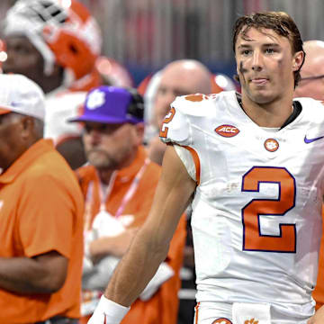 Aug 31, 2024; Atlanta, Georgia, USA; Clemson quarterback Cade Klubnik (2) talks with Head Coach Dabo Swinney after throwing an interception against University of Georgia Bulldogs during the fourth quarter of the 2024 Aflac Kickoff Game in the Mercedes-Benz Stadium in Atlanta, Georgia, Saturday, August 31, 2024.