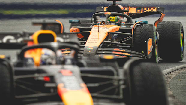 McLaren's Oscar Piastri closely follows Max Verstappen during Sunday's Australian Grand Prix.