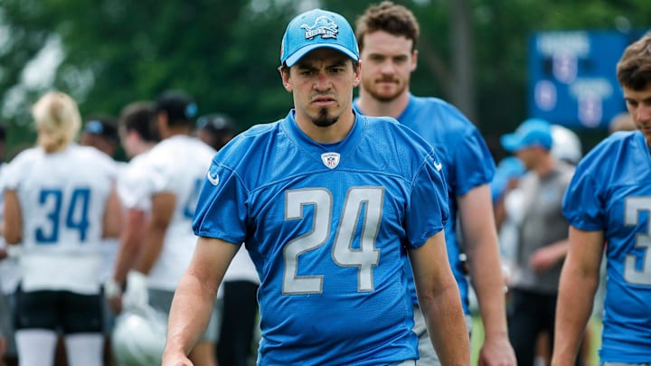 Detroit Lions place kicker John Parker Romo (24) walks off the field after practice during minicamp at Detroit Lions Headquarters and Training Facility in Allen Park on Tuesday, June 6, 2023.