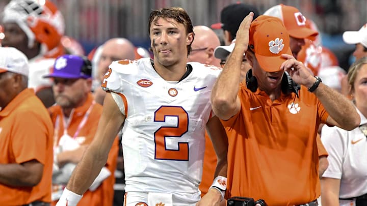 Aug 31, 2024; Atlanta, Georgia, USA; Clemson quarterback Cade Klubnik (2) talks with Head Coach Dabo Swinney after throwing an interception against University of Georgia Bulldogs during the fourth quarter of the 2024 Aflac Kickoff Game in the Mercedes-Benz Stadium in Atlanta, Georgia, Saturday, August 31, 2024.